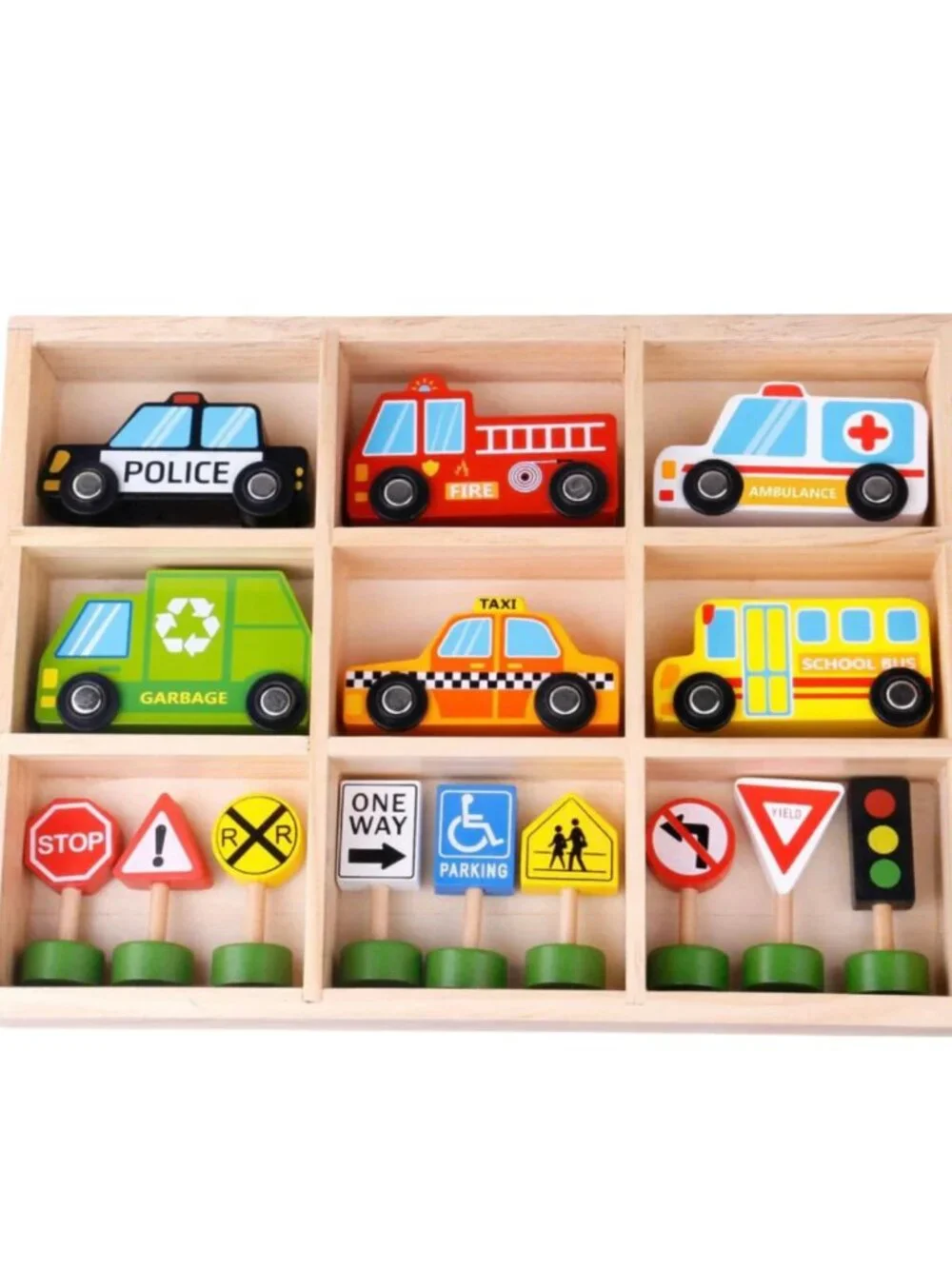 Montessori Wooden Transportation Vehicles & Road Signs Toy Set New
